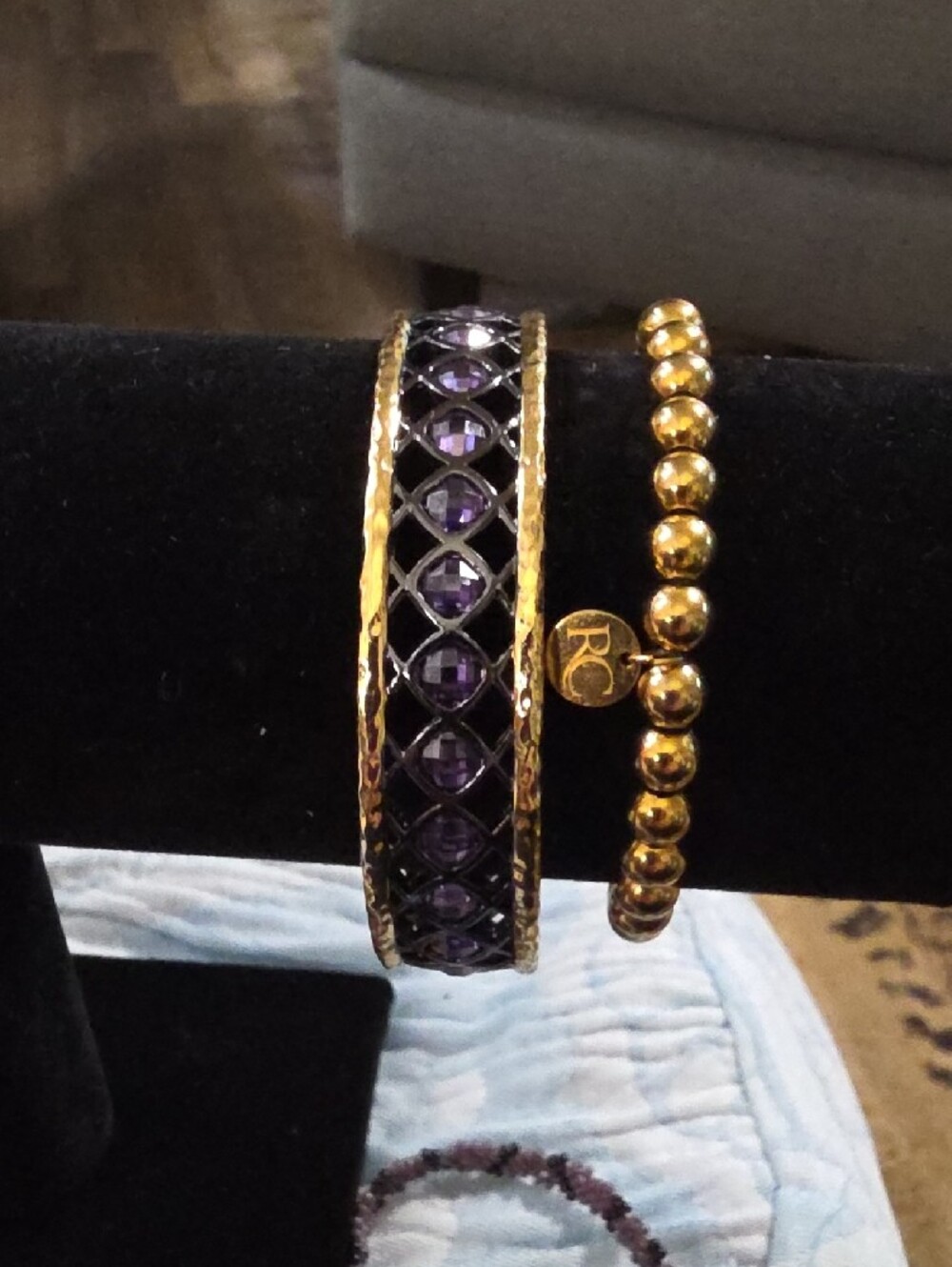Stunning, Rustic Cuff Gold Tone and Purple Crystal Bracelet Set Of 2. Very Nice. - Picture 3 of 4